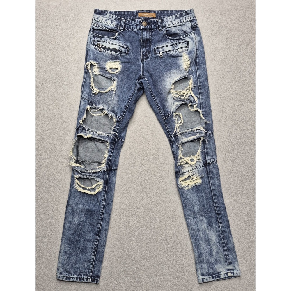 Crysp Denim Jeans Mens 32 Distressed Moto Biker Boro Streetwear Acid Wash
